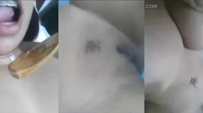 Hot chick with a sweet little pussy starts rubbing it with a spoon