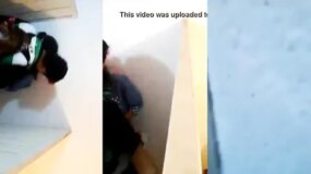 Under the music they went to the bathroom to fuck her